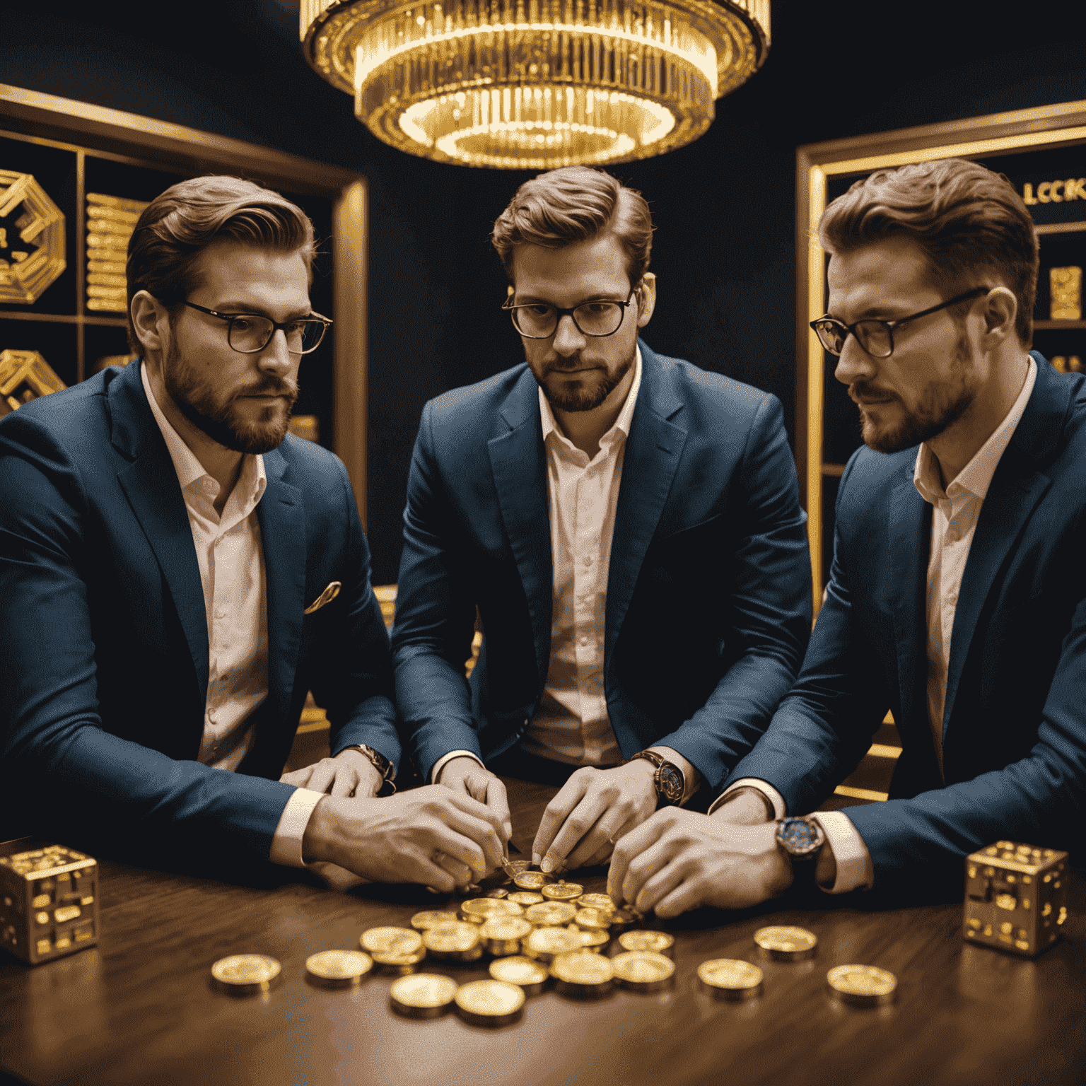 A team of blockchain consultants discussing solutions with a client, with gold bullion visible in the background to represent the security and value of blockchain technology