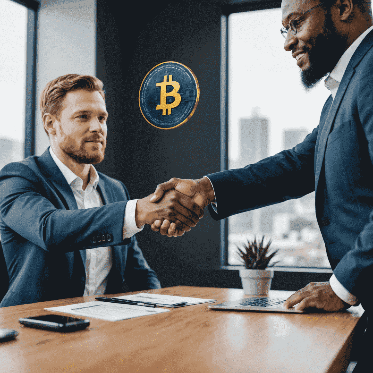 Cryptocurrency adoption for businesses in South Africa, showing a business owner shaking hands with a cryptocurrency consultant