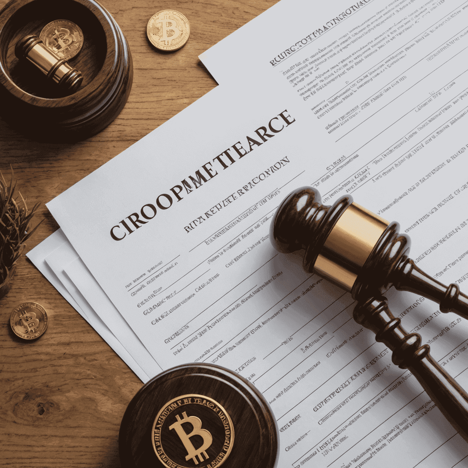 Image of a gavel and legal documents, representing compliance with cryptocurrency regulations